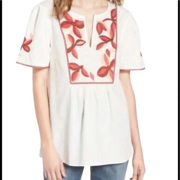 Madewell Fable Embroidered Floral Short Sleeve Smock Top White - Picture 1 of 9